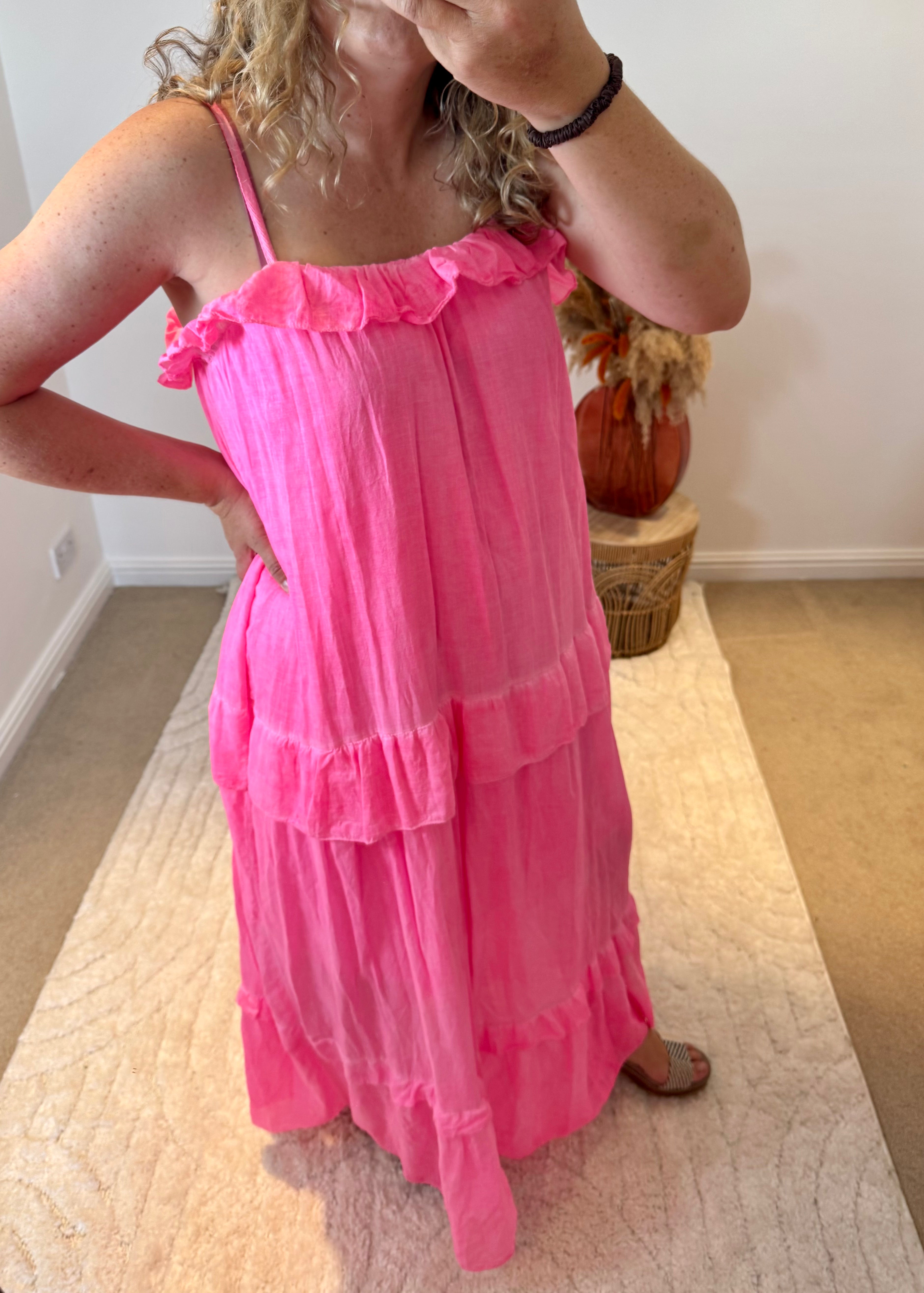 Frill Detail Layered Cotton Maxi Dress | Neon Pink