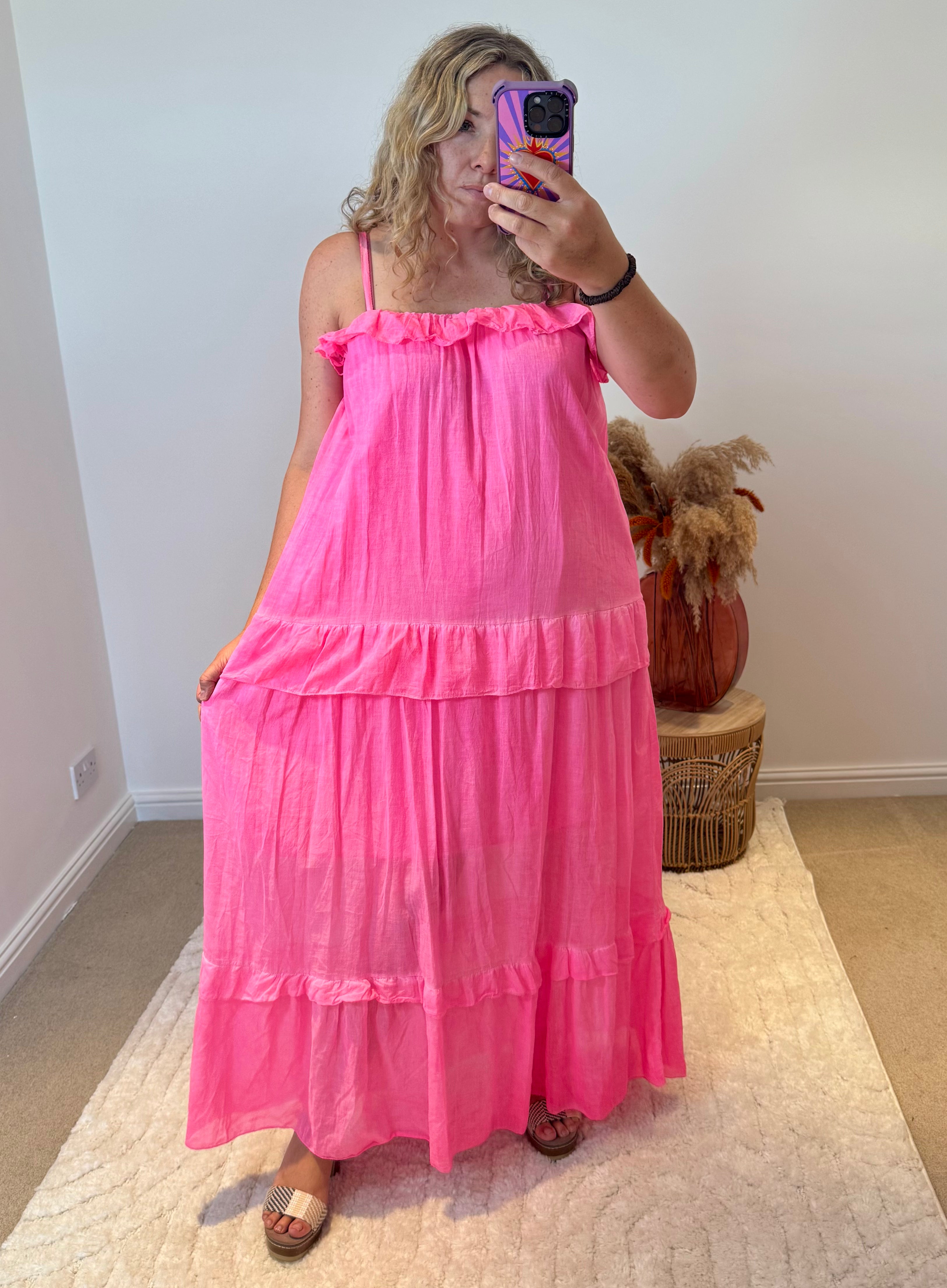 Frill Detail Layered Cotton Maxi Dress | Neon Pink