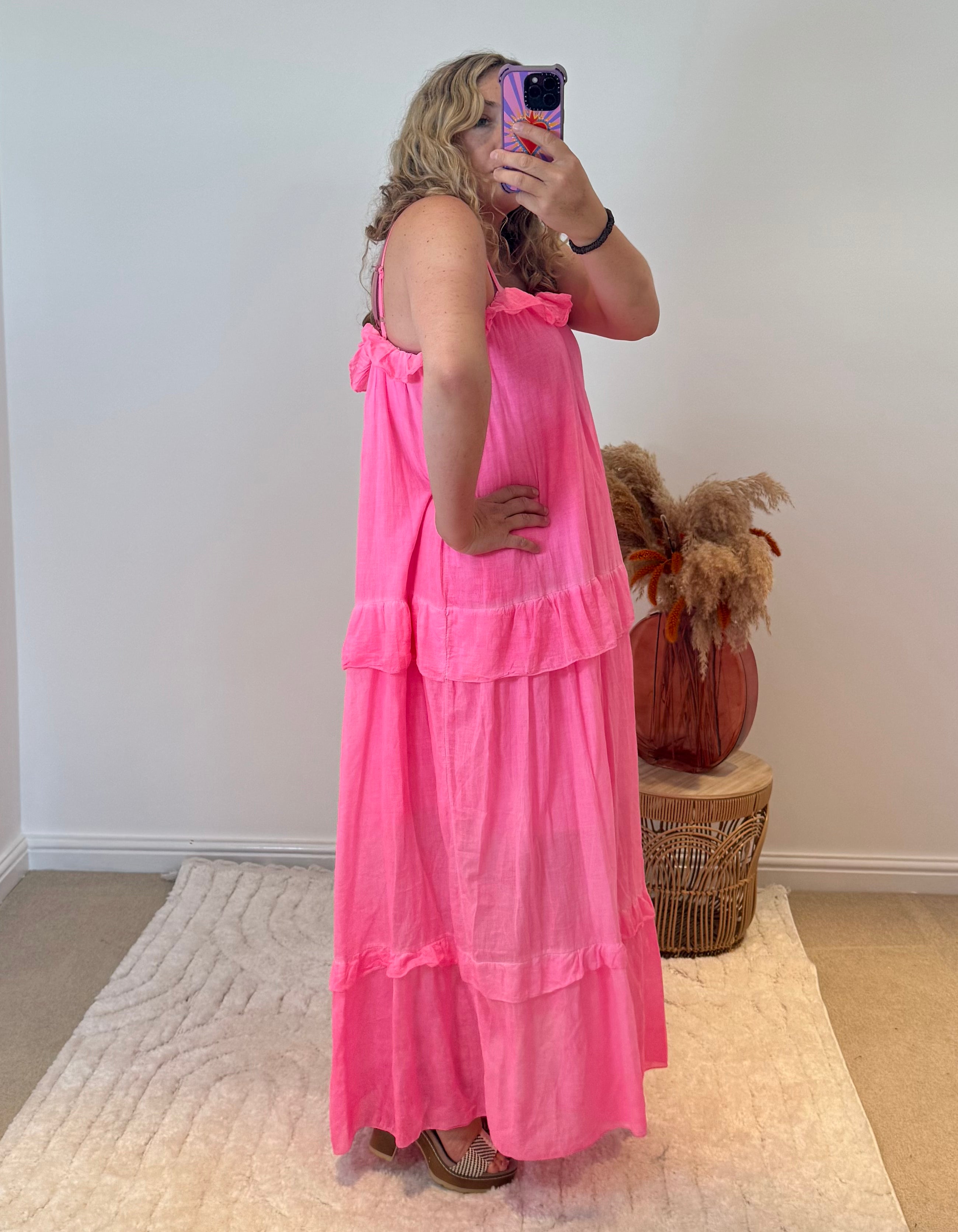 Frill Detail Layered Cotton Maxi Dress | Neon Pink