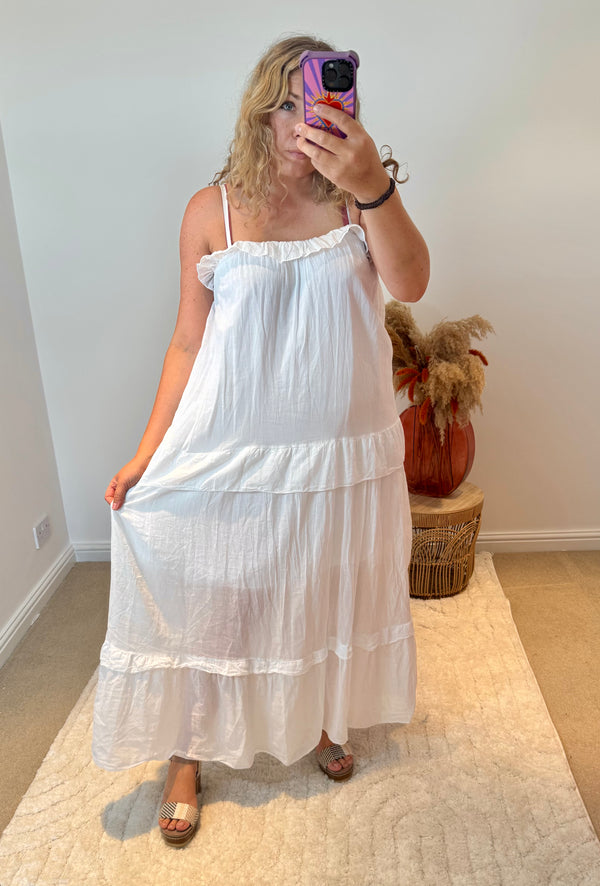 Frill Detail Layered Cotton Maxi Dress | White