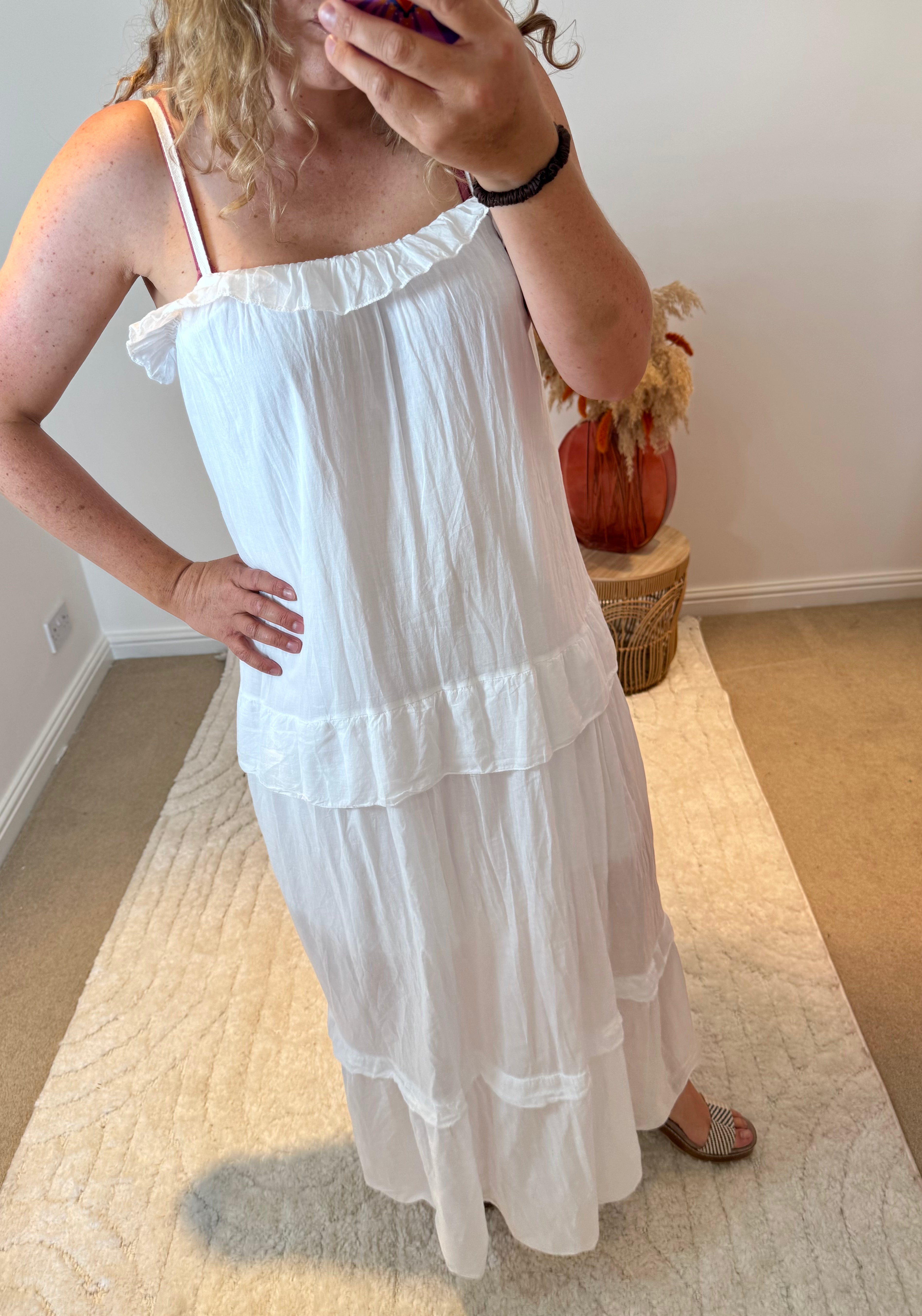 Frill Detail Layered Cotton Maxi Dress | White