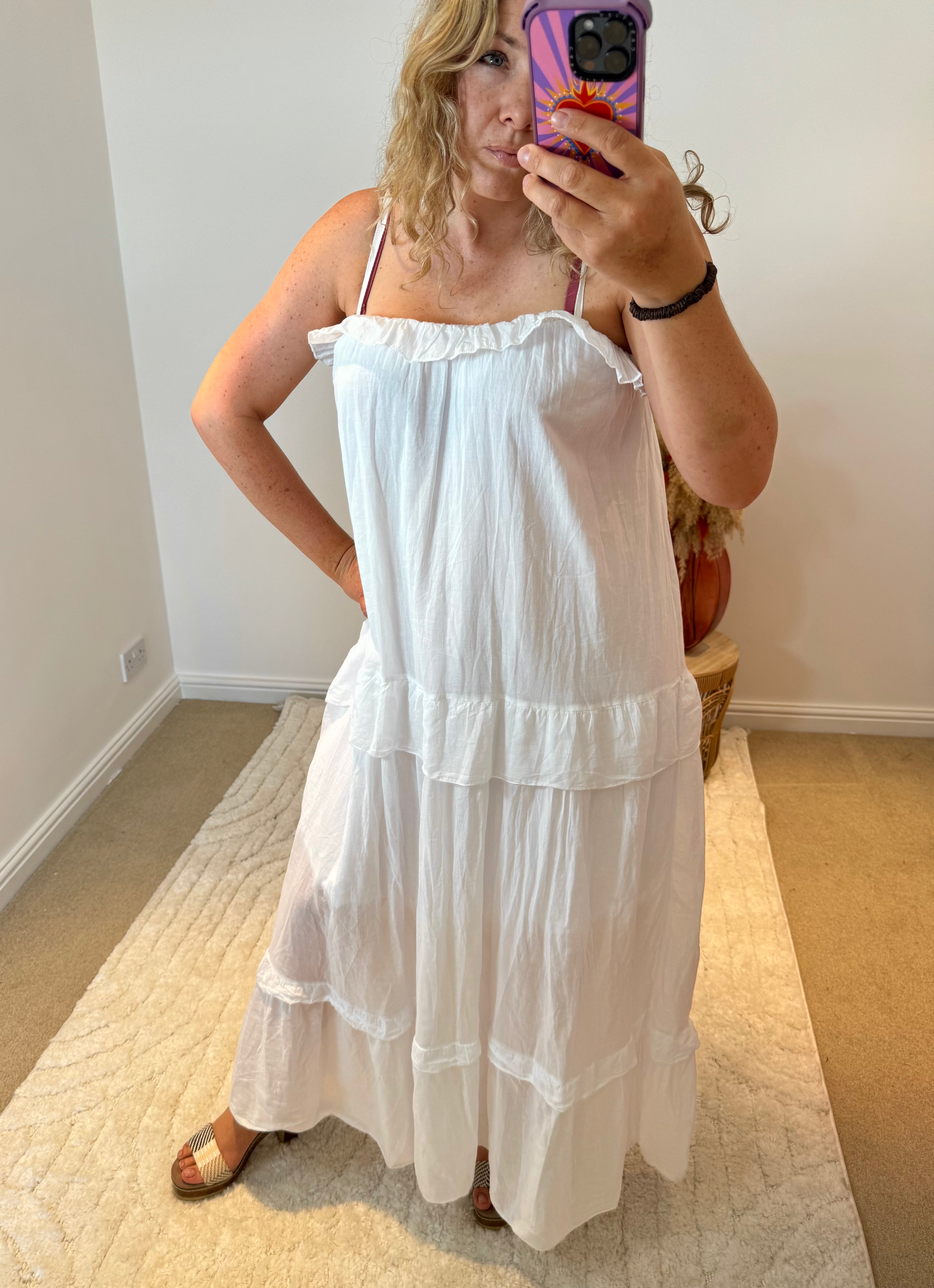 Frill Detail Layered Cotton Maxi Dress | White