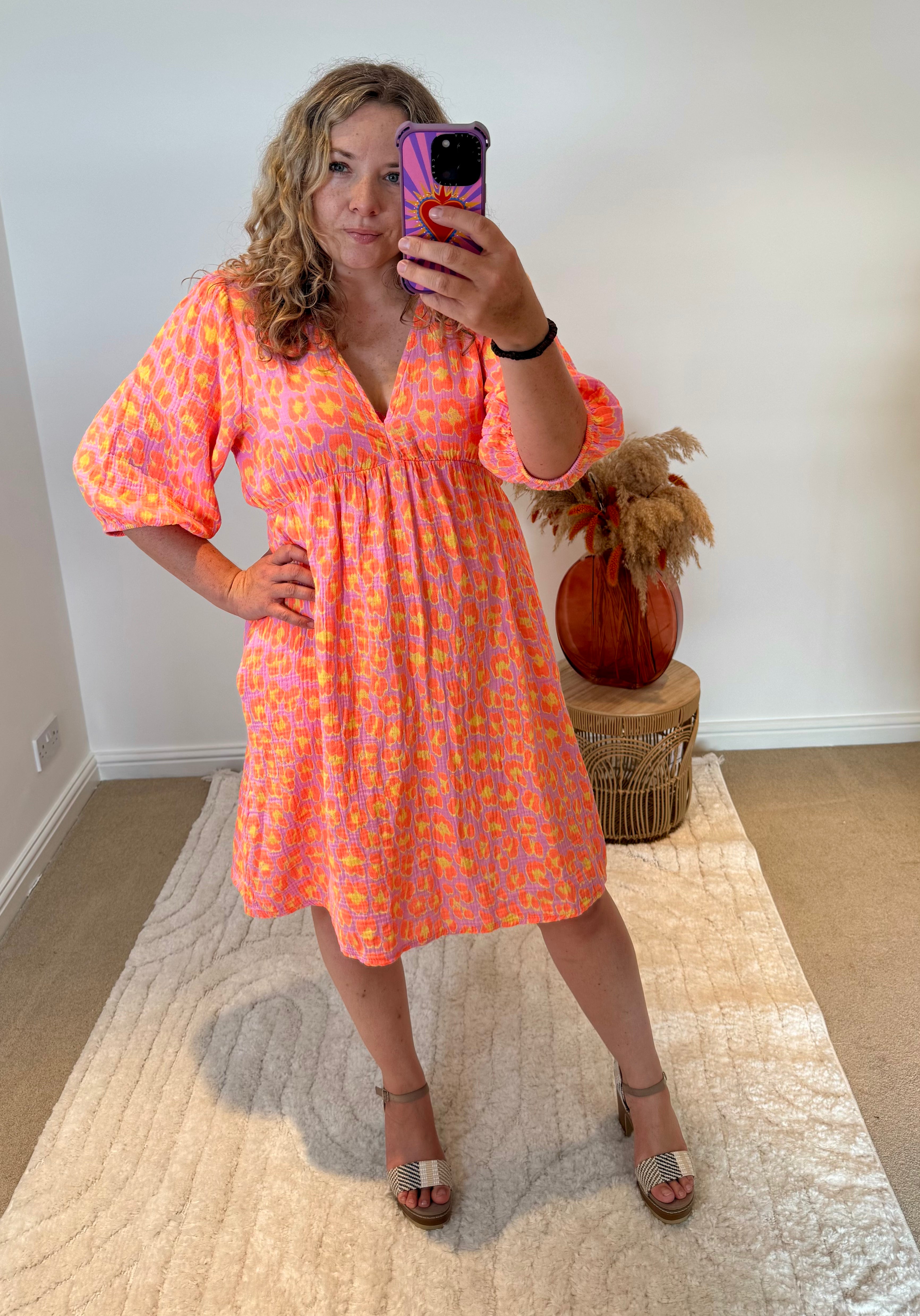 Leopard Cotton Cheesecloth Short Dress | Orange/Yellow/Lilac Multi