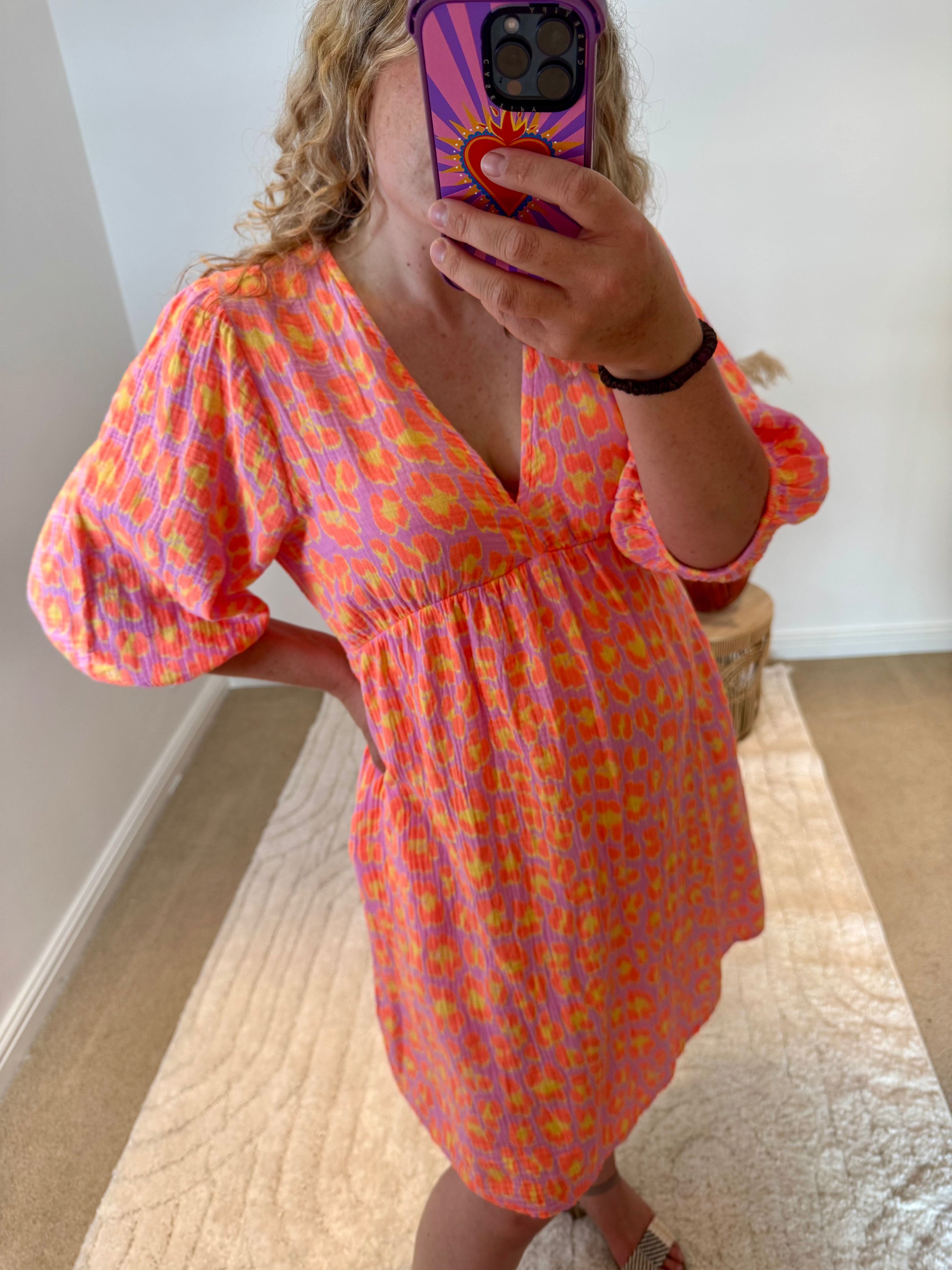 Leopard Cotton Cheesecloth Short Dress | Orange/Yellow/Lilac Multi