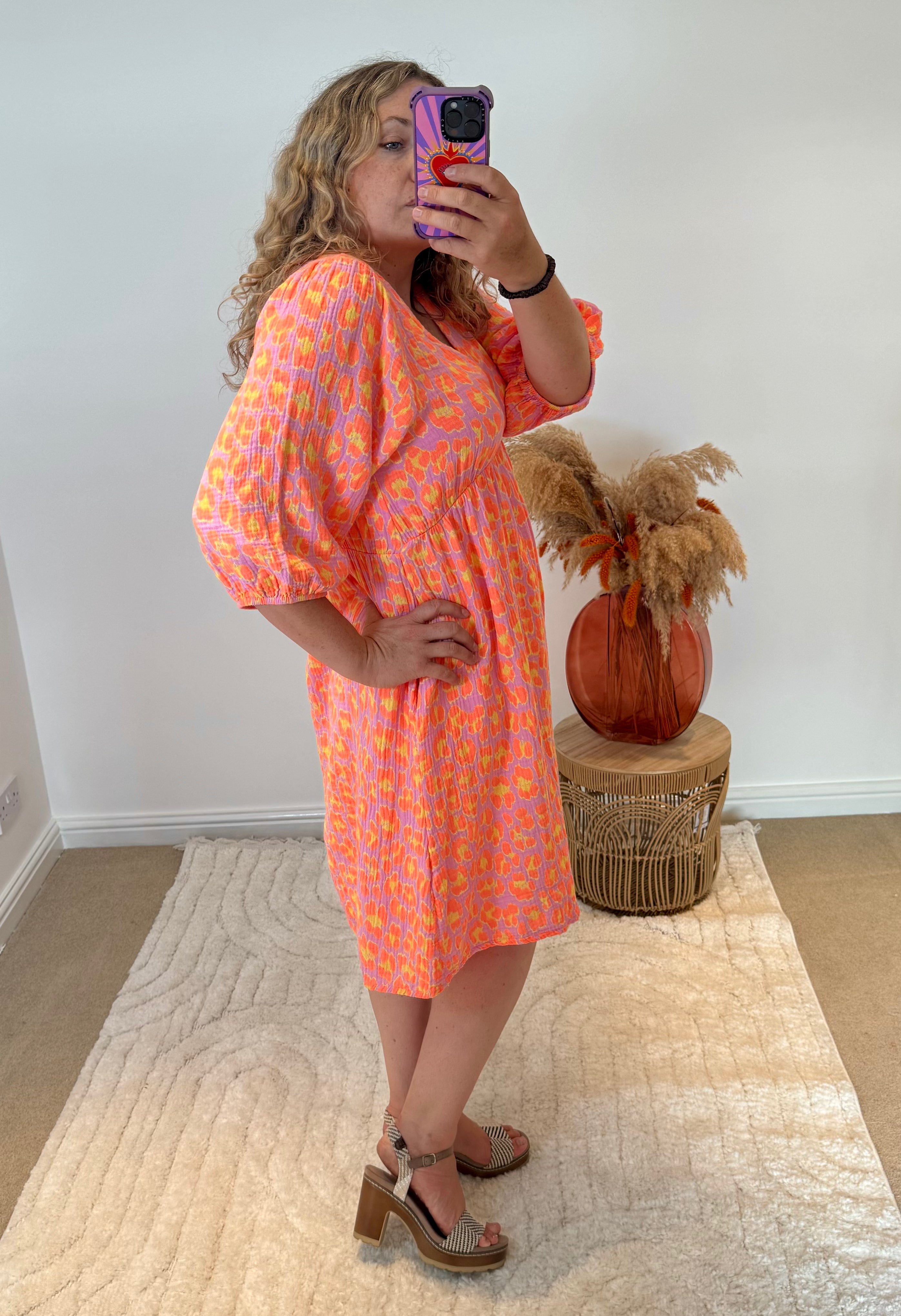 Leopard Cotton Cheesecloth Short Dress | Orange/Yellow/Lilac Multi