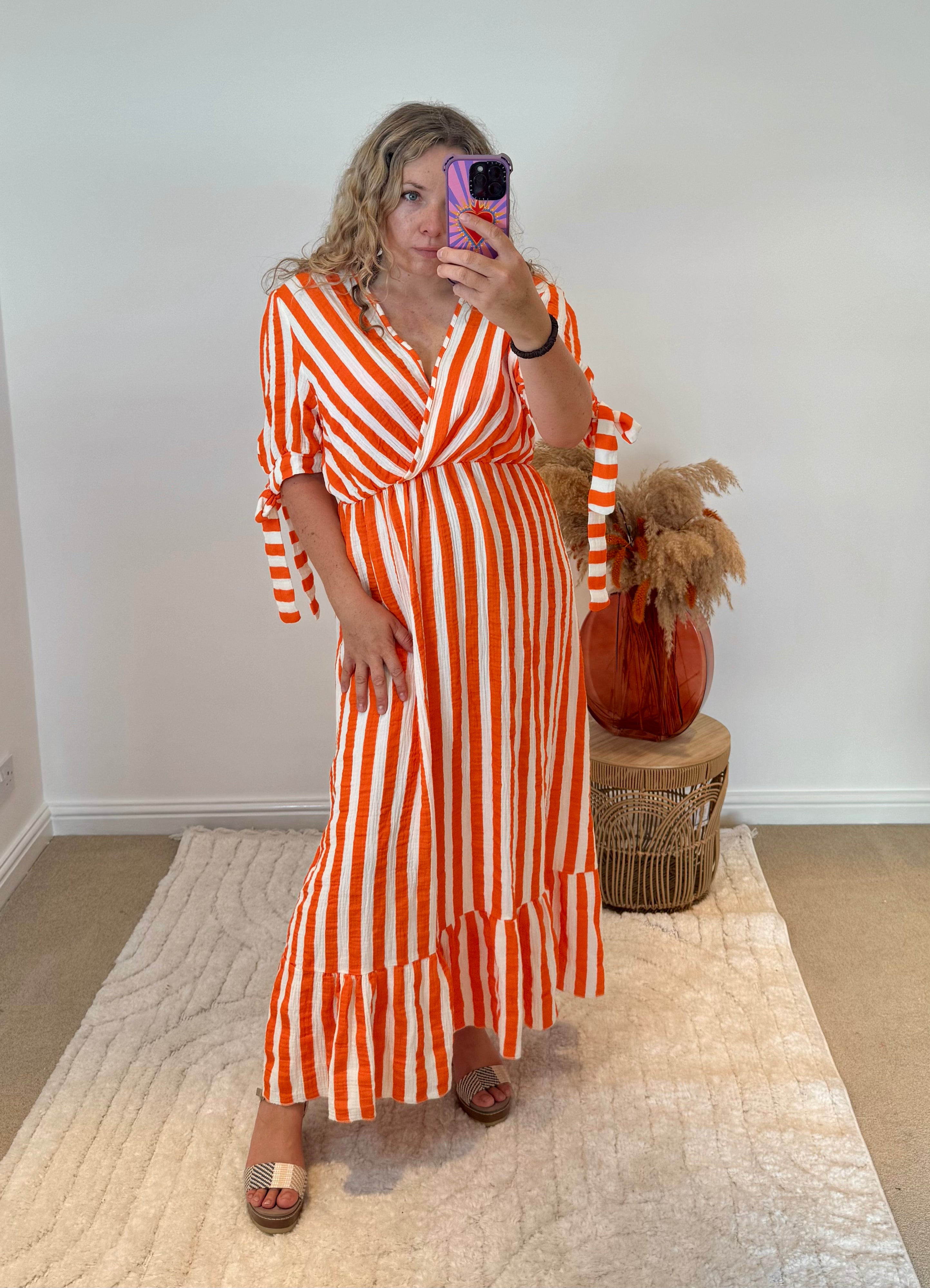 Striped Wrap Front Cheesecloth Maxi Dress | Orange/White