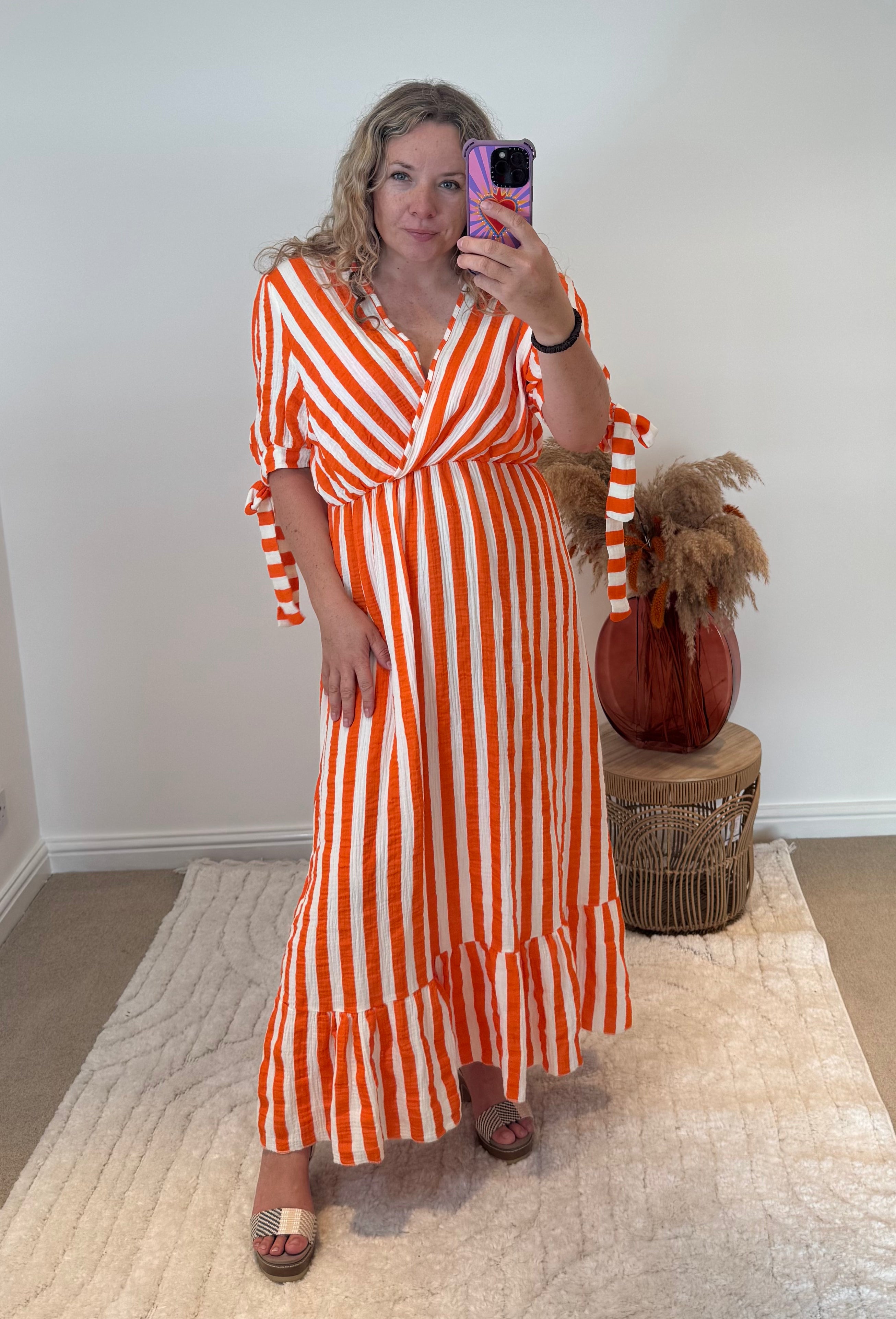 Striped Wrap Front Cheesecloth Maxi Dress | Orange/White