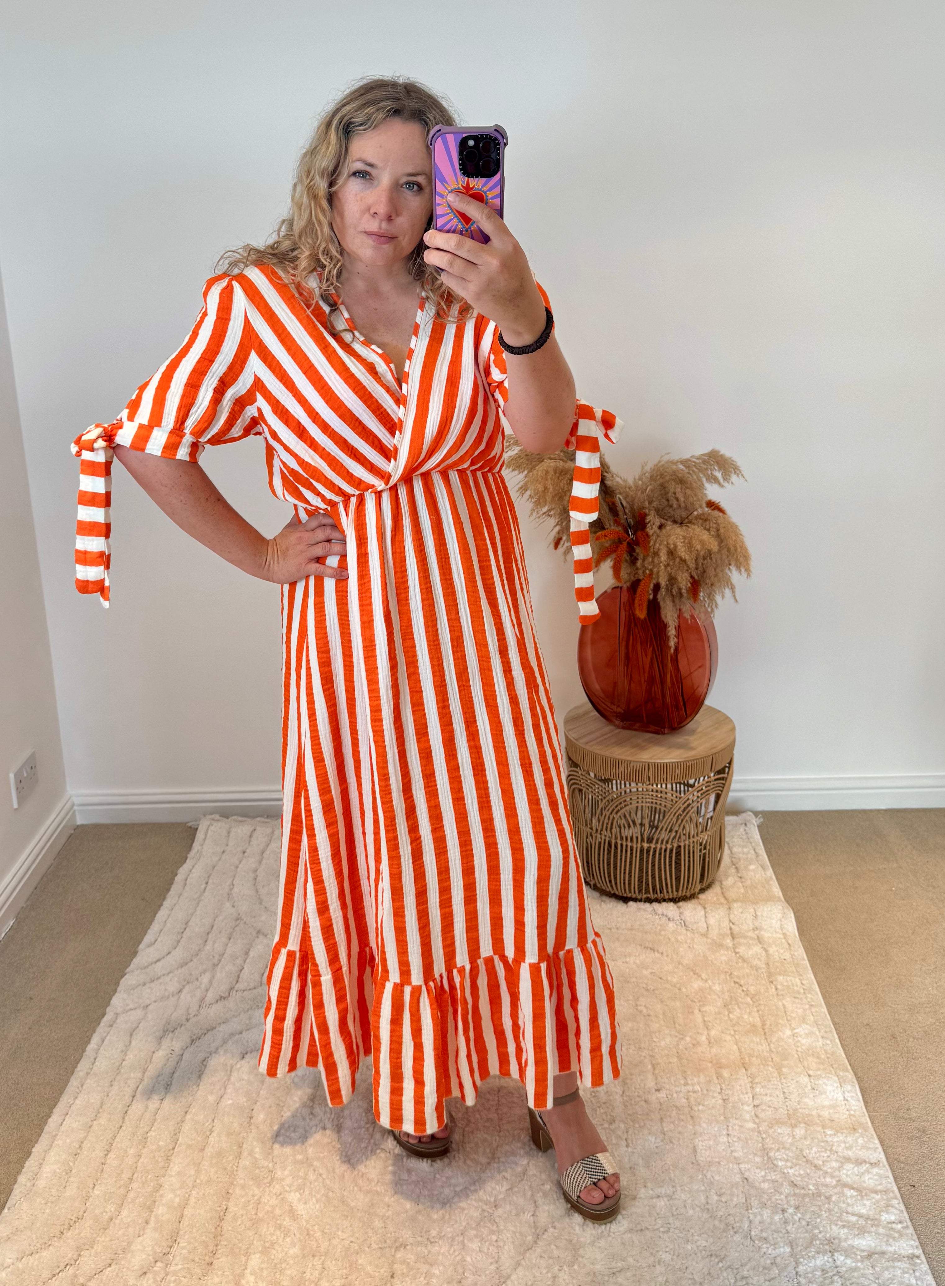Striped Wrap Front Cheesecloth Maxi Dress | Orange/White