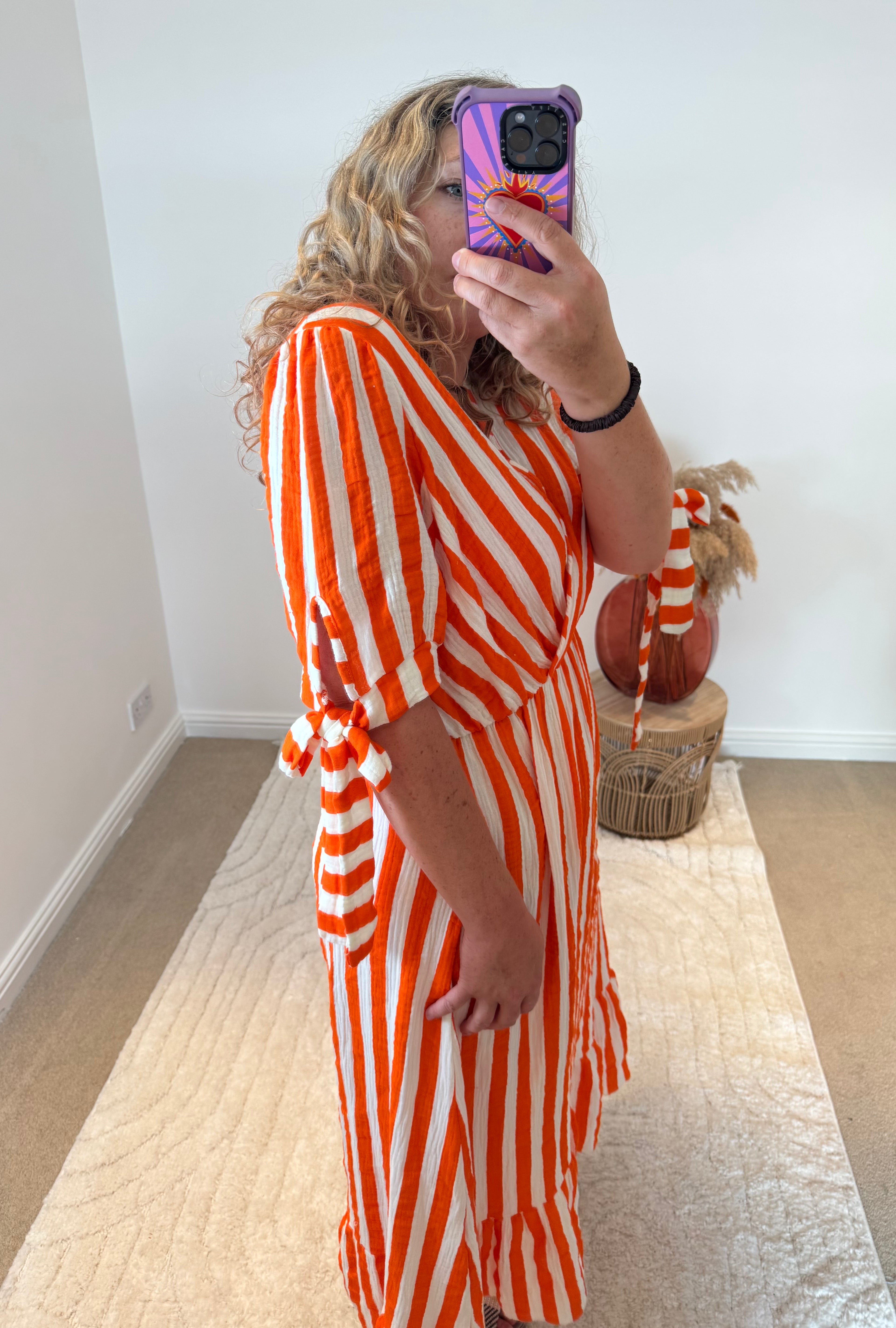 Striped Wrap Front Cheesecloth Maxi Dress | Orange/White