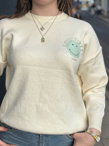 Good Vibes Retro Smiley Jumper | Cream/Mint Green