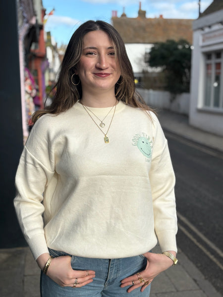 Good Vibes Retro Smiley Jumper | Cream/Mint Green