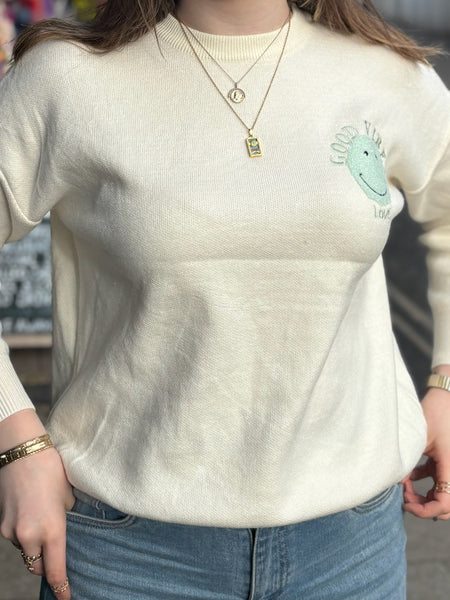 Good Vibes Retro Smiley Jumper | Cream/Mint Green