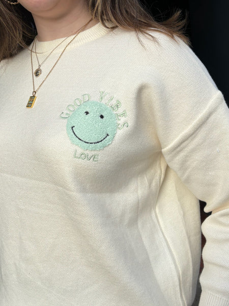 Good Vibes Retro Smiley Jumper | Cream/Mint Green