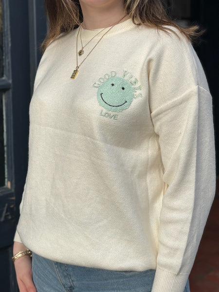 Good Vibes Retro Smiley Jumper | Cream/Mint Green