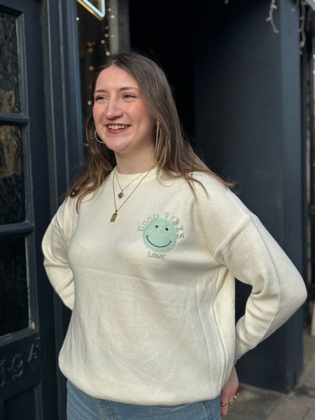 Good Vibes Retro Smiley Jumper | Cream/Mint Green