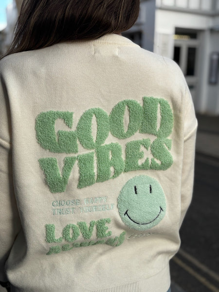 Good Vibes Retro Smiley Jumper | Cream/Mint Green