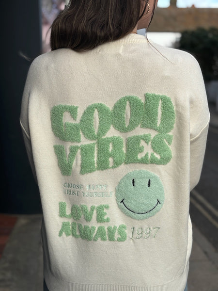 Good Vibes Retro Smiley Jumper | Cream/Mint Green