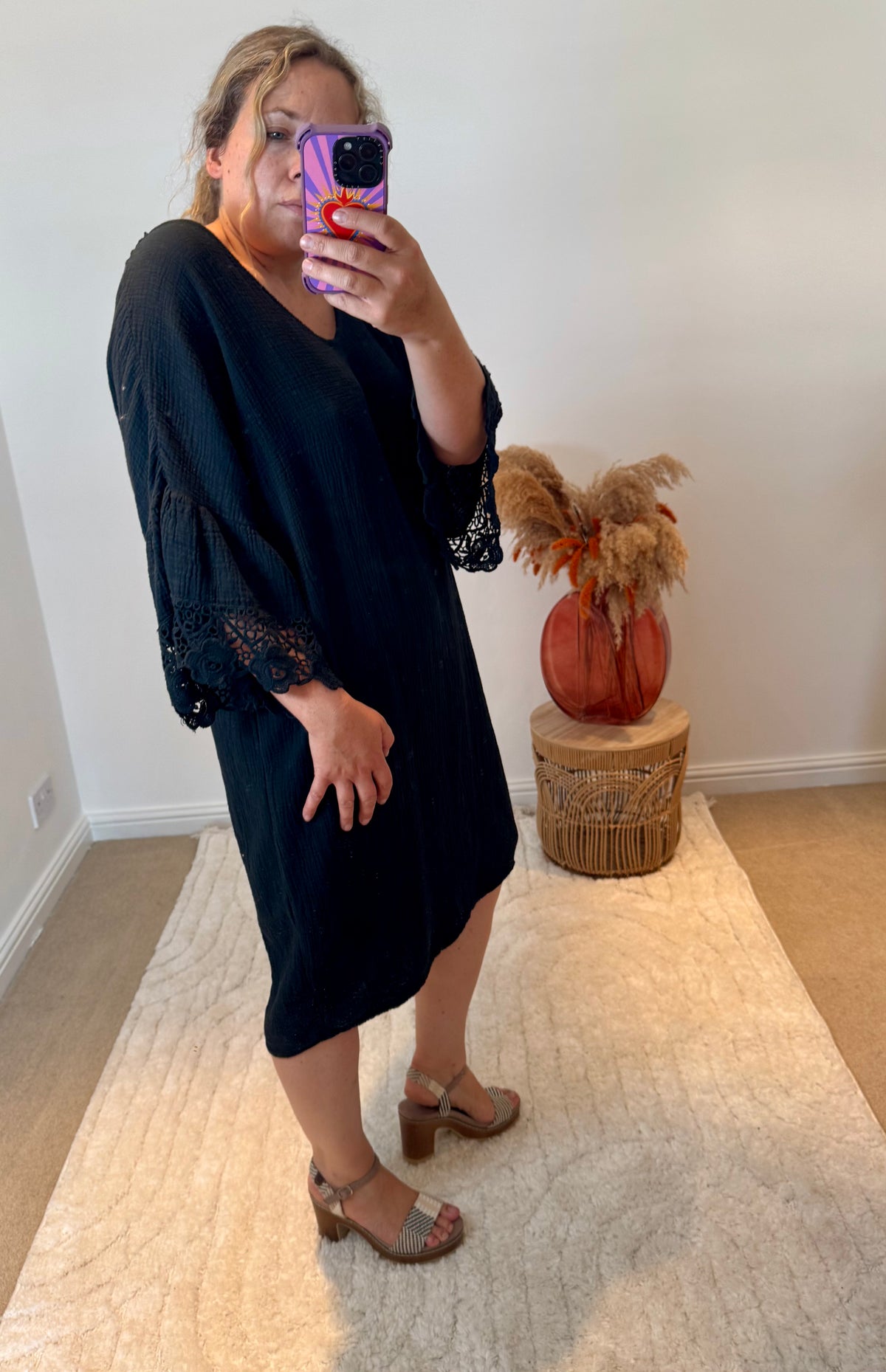 Cheesecloth Crochet Detail Dress/Cover Up | Black
