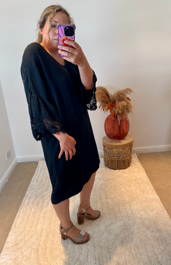 Cheesecloth Crochet Detail Dress/Cover Up | Black