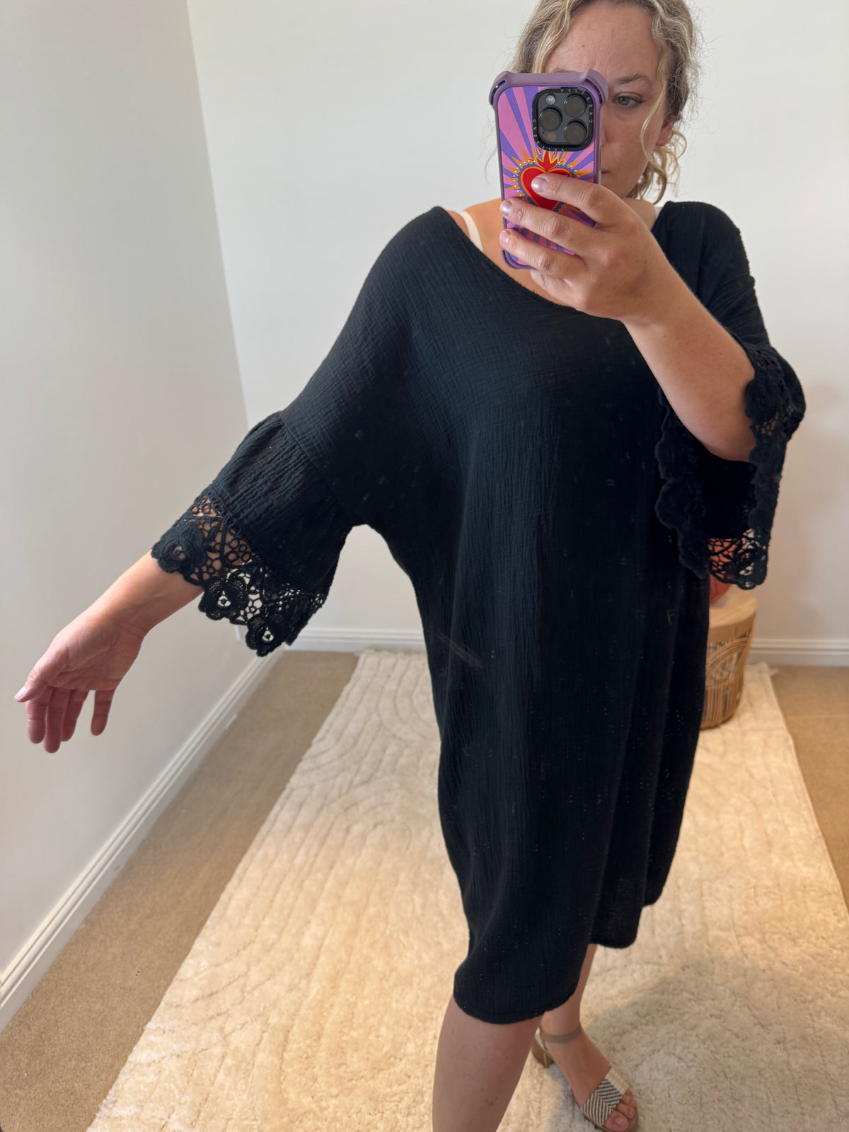 Cheesecloth Crochet Detail Dress/Cover Up | Black