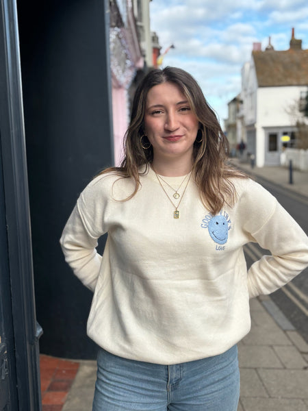 Good Vibes Retro Smiley Jumper | Cream/Sky Blue