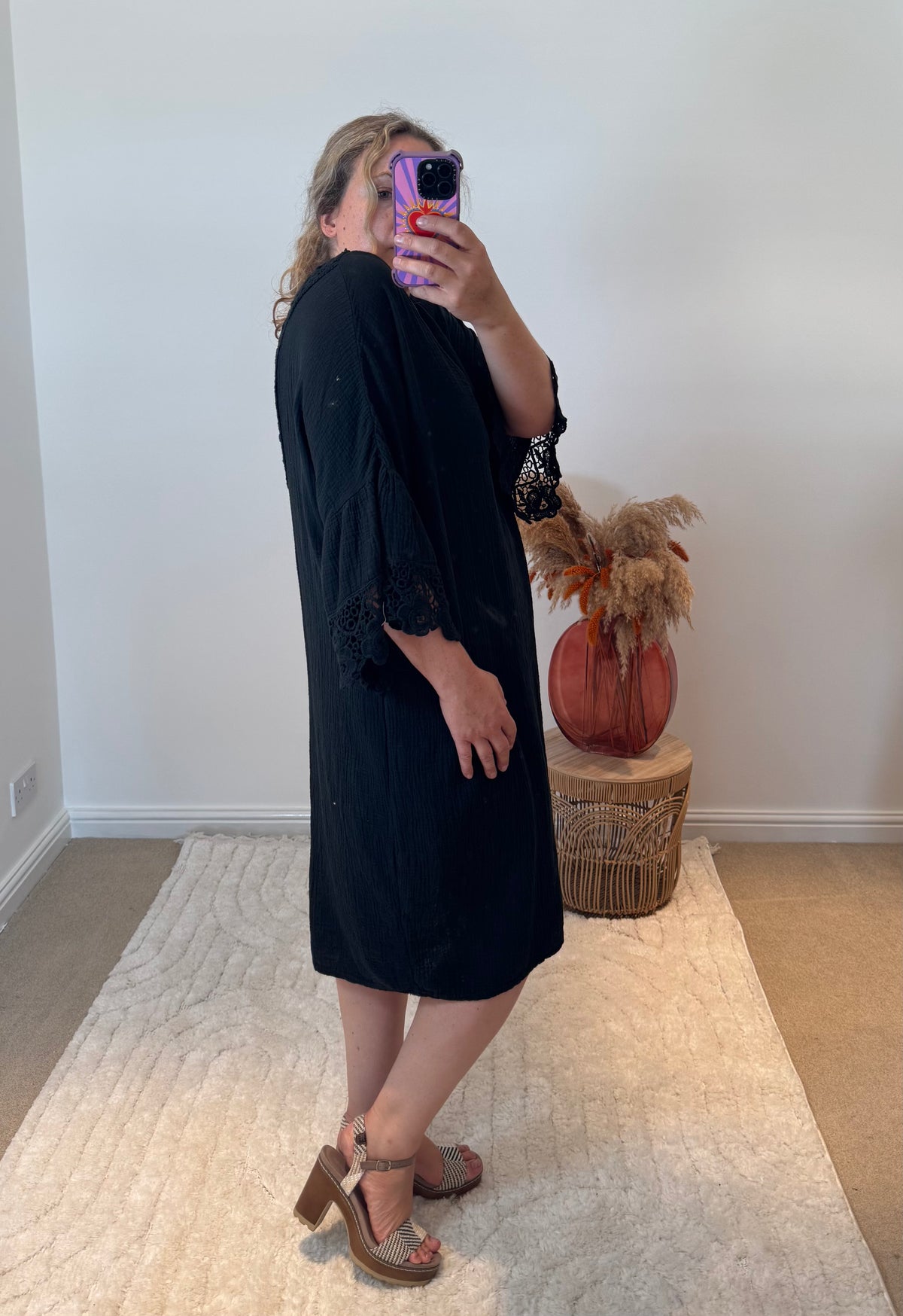 Cheesecloth Crochet Detail Dress/Cover Up | Black