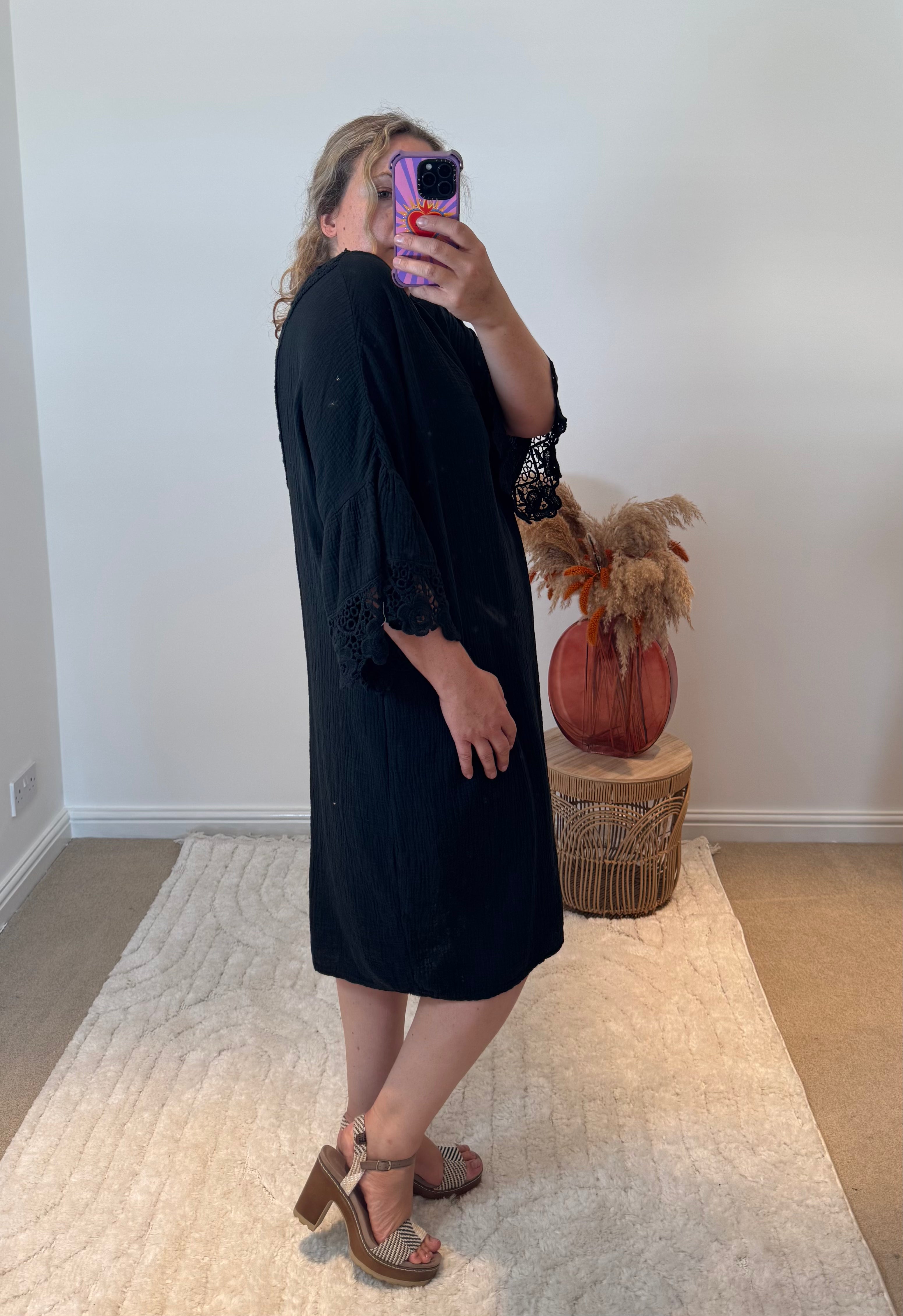 Cheesecloth Crochet Detail Dress/Cover Up | Black