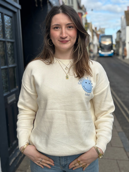Good Vibes Retro Smiley Jumper | Cream/Sky Blue