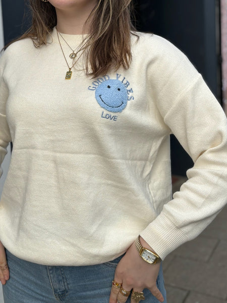 Good Vibes Retro Smiley Jumper | Cream/Sky Blue