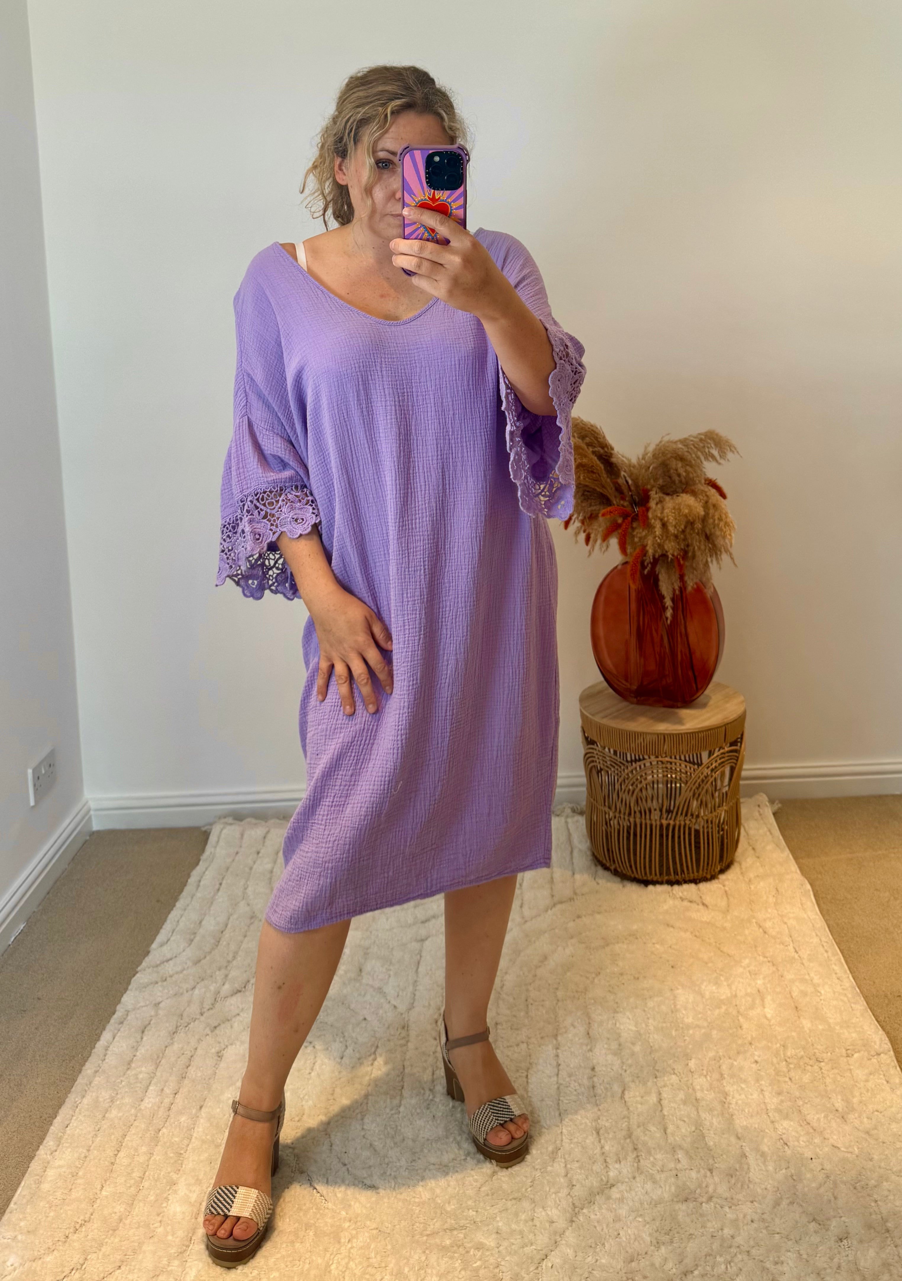 Cheesecloth Crochet Detail Dress/Cover Up | Lilac