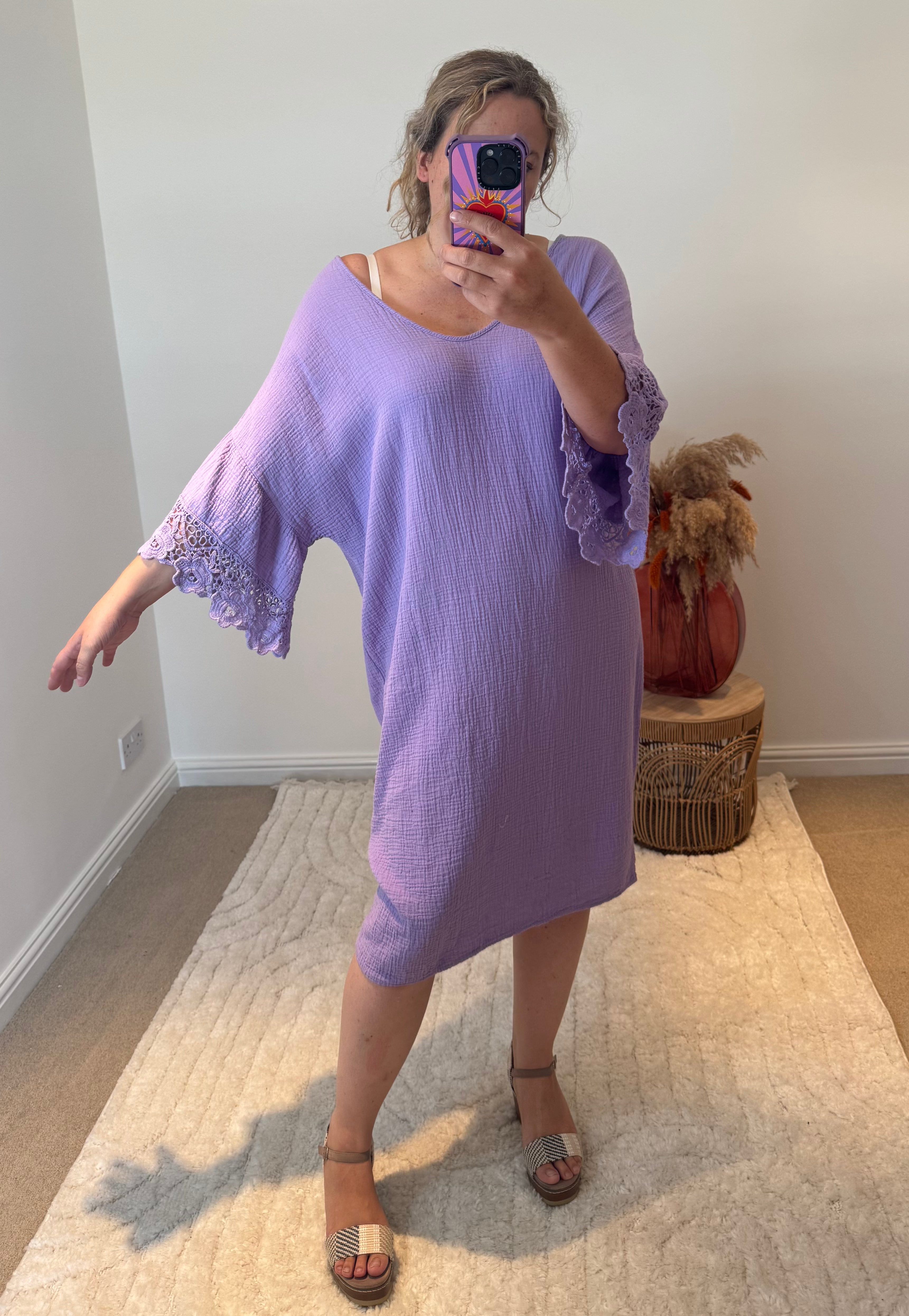 Cheesecloth Crochet Detail Dress/Cover Up | Lilac
