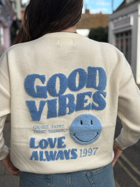 Good Vibes Retro Smiley Jumper | Cream/Sky Blue