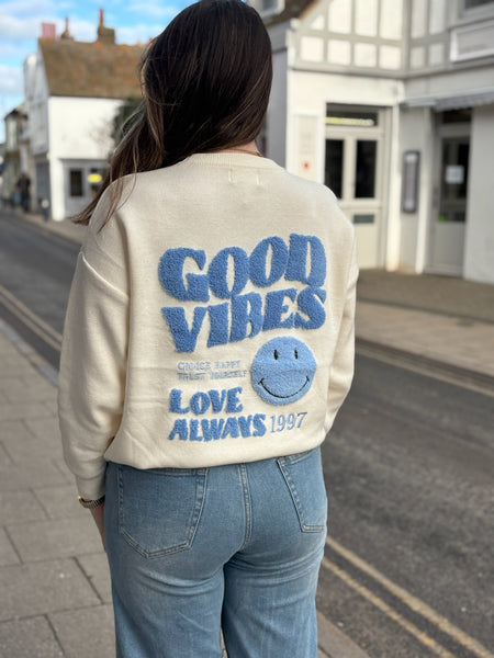 Good Vibes Retro Smiley Jumper | Cream/Sky Blue