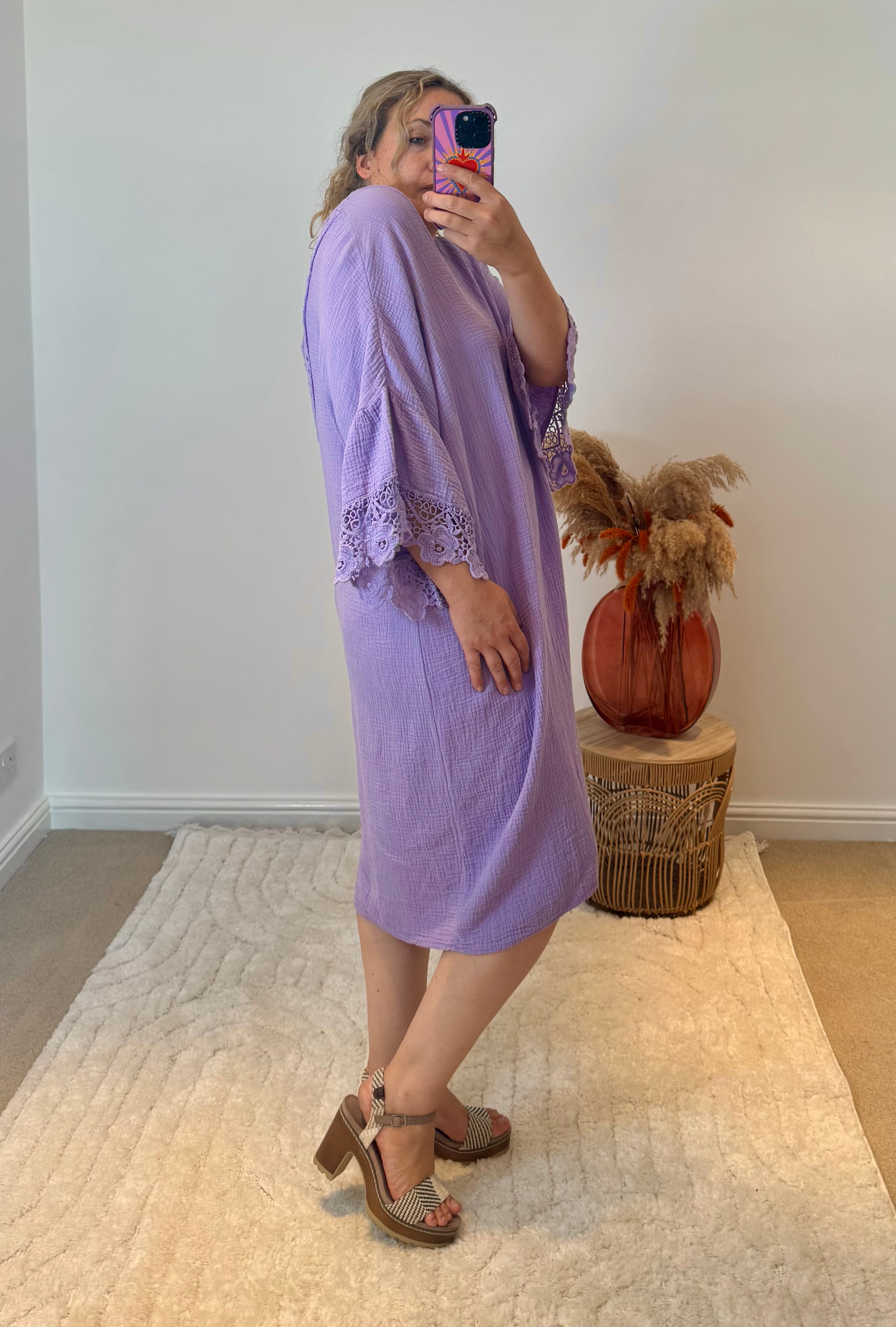 Cheesecloth Crochet Detail Dress/Cover Up | Lilac