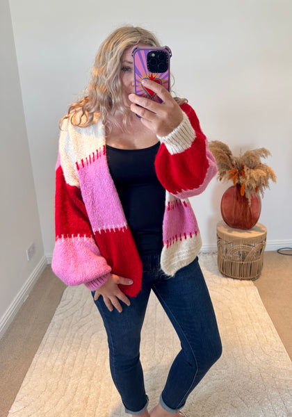 Oversized Colourful Striped Cardigan | Pink/Red Multi
