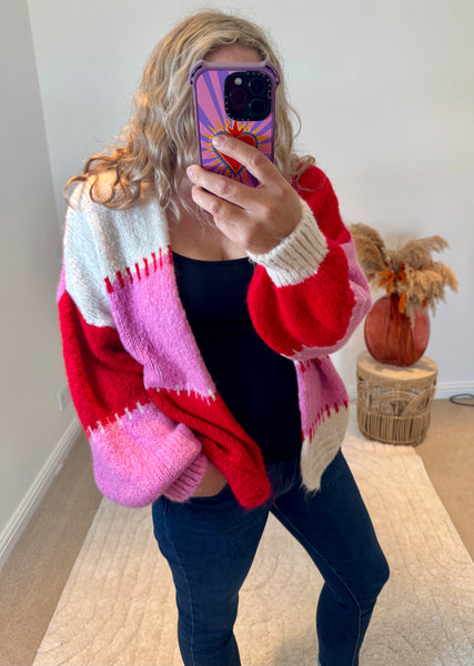 Oversized Colourful Striped Cardigan | Pink/Red Multi