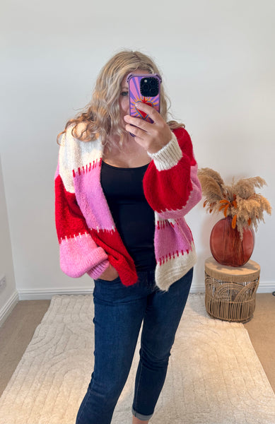 Oversized Colourful Striped Cardigan | Pink/Red Multi