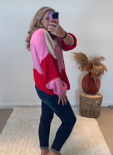Oversized Colourful Striped Cardigan | Pink/Red Multi