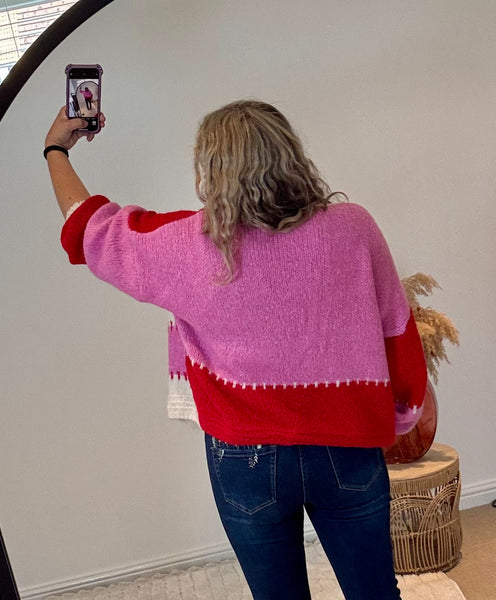 Oversized Colourful Striped Cardigan | Pink/Red Multi