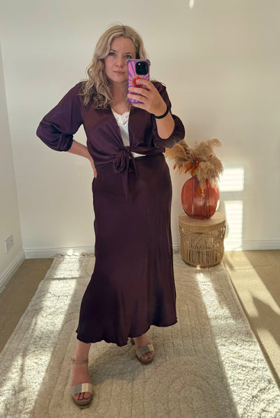 Satin Tie Cardigan | Damson