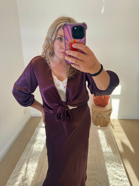 Satin Tie Cardigan | Damson