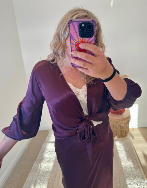 Satin Tie Cardigan | Damson