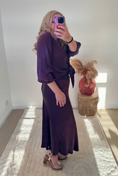 Satin Tie Cardigan | Damson