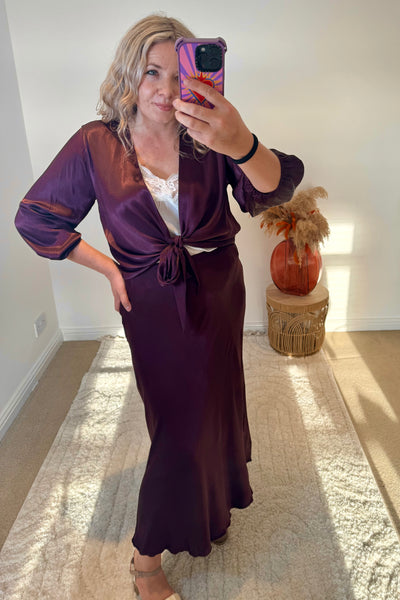 Satin Tie Cardigan | Damson