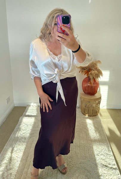 Satin Tie Cardigan | Oyster