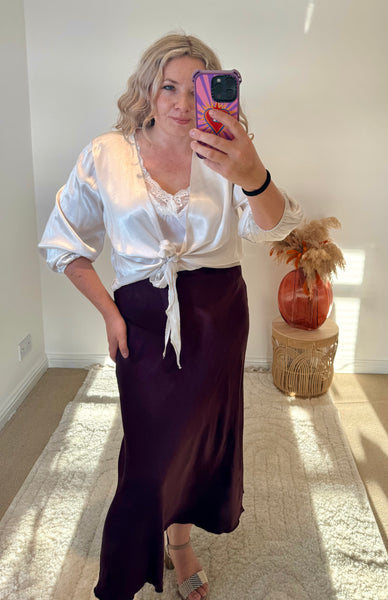 Satin Tie Cardigan | Oyster