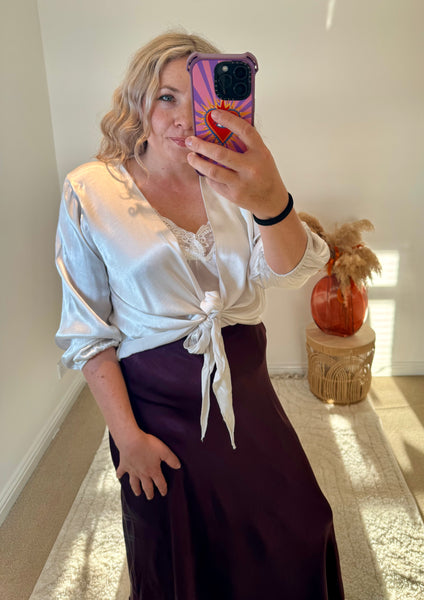 Satin Tie Cardigan | Oyster