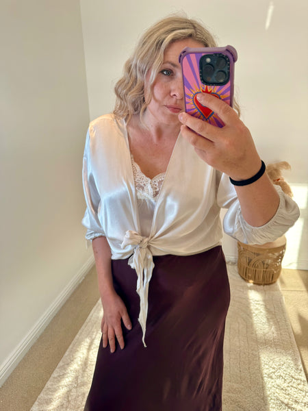 Satin Tie Cardigan | Oyster