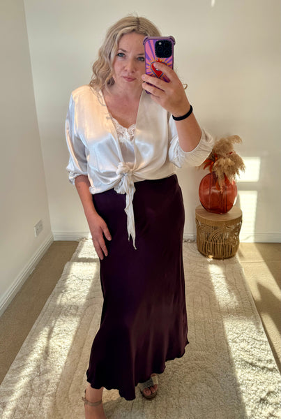 Satin Tie Cardigan | Oyster