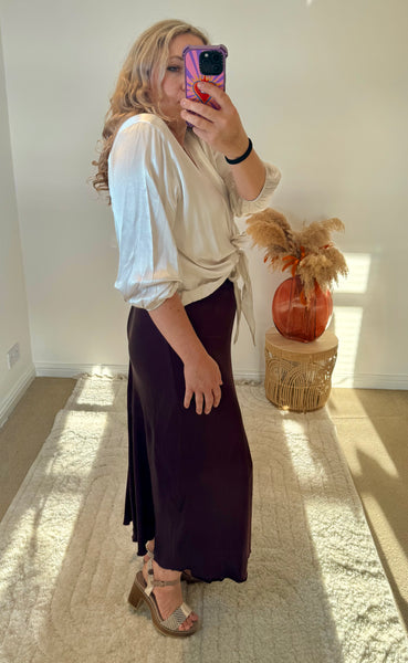 Satin Tie Cardigan | Oyster